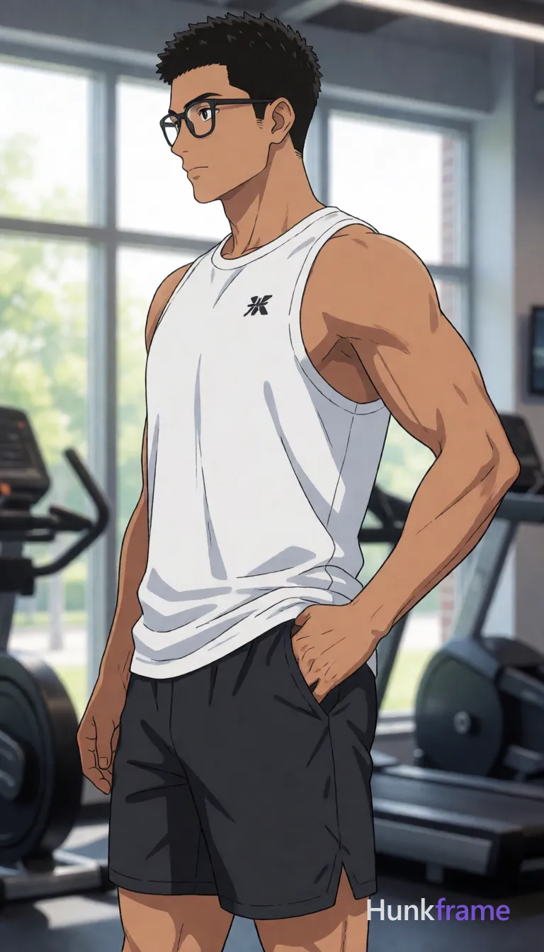 an anonymous figure man with light to medium tan skin and short textured black hair, wearing black-rimmed glasses with thin frames; He stands in profile facing left inside a gym, right hand resting on hip near shorts pocket while posing confidently for the shot; White sleeveless tank top with small black logo highlights broad shoulders and defined pectorals, dark grey athletic shorts show thick thighs and visible abdominal definition under high contrast lighting; Natural light filters through large windows behind him blurring background exercise equipment in a full-body anime style shot from head to mid-calf; The adult man visibly wears black-rimmed glasses with thin frames and clear lenses; worn on face covering both eyes on his face; preserve the exact frame shape, rim style, color, material, and lens tint, same aesthetic theme and photo feel as the reference but a different man in a different pose with distinct body proportions, Slavic man, pale skin, ash blond stubble, tall athletic frame; single clean uninterrupted artwork with a cohesive composition and plain continuous surrounding surfaces
