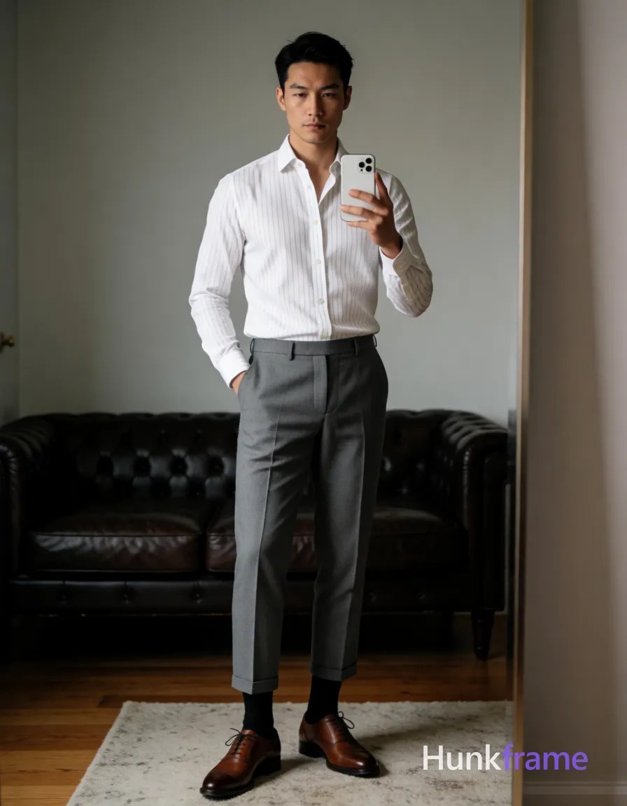 Asian man standing in front of full-length mirror holding white smartphone at chest level taking selfie instead of seated; White long-sleeve button-up shirt subtle vertical stripes top two buttons undone revealing upper chest and collarbone artistic partial nude adult; Grey tailored trousers cuffed slightly above ankle black dress socks pulled up to mid-calf brown cap-toe oxford shoes visible on light-colored rug below; Broad shoulders defined pectorals toned arms short black buzz cut straight texture high forehead clean hairline clean-shaven neutral direct gaze at phone camera in mirror reflection left hand resting behind back near hip right arm raised holding smartphone; Indoor room featuring dark leather tufted sofa against light grey wall wooden floor partially covered by textured rug vertical mirror frame visible along right edge of image soft ambient indoor lighting creating gentle shadows on face and clothing folds white grey brown black palette polished confident stylish mood clean lines minimalist composition fine-art photography dramatic lighting sculpted poses premium fashion-editorial aesthetic handsome masculine subject tailored attire; single clean uninterrupted photograph with a cohesive editorial composition and plain continuous surrounding surfaces