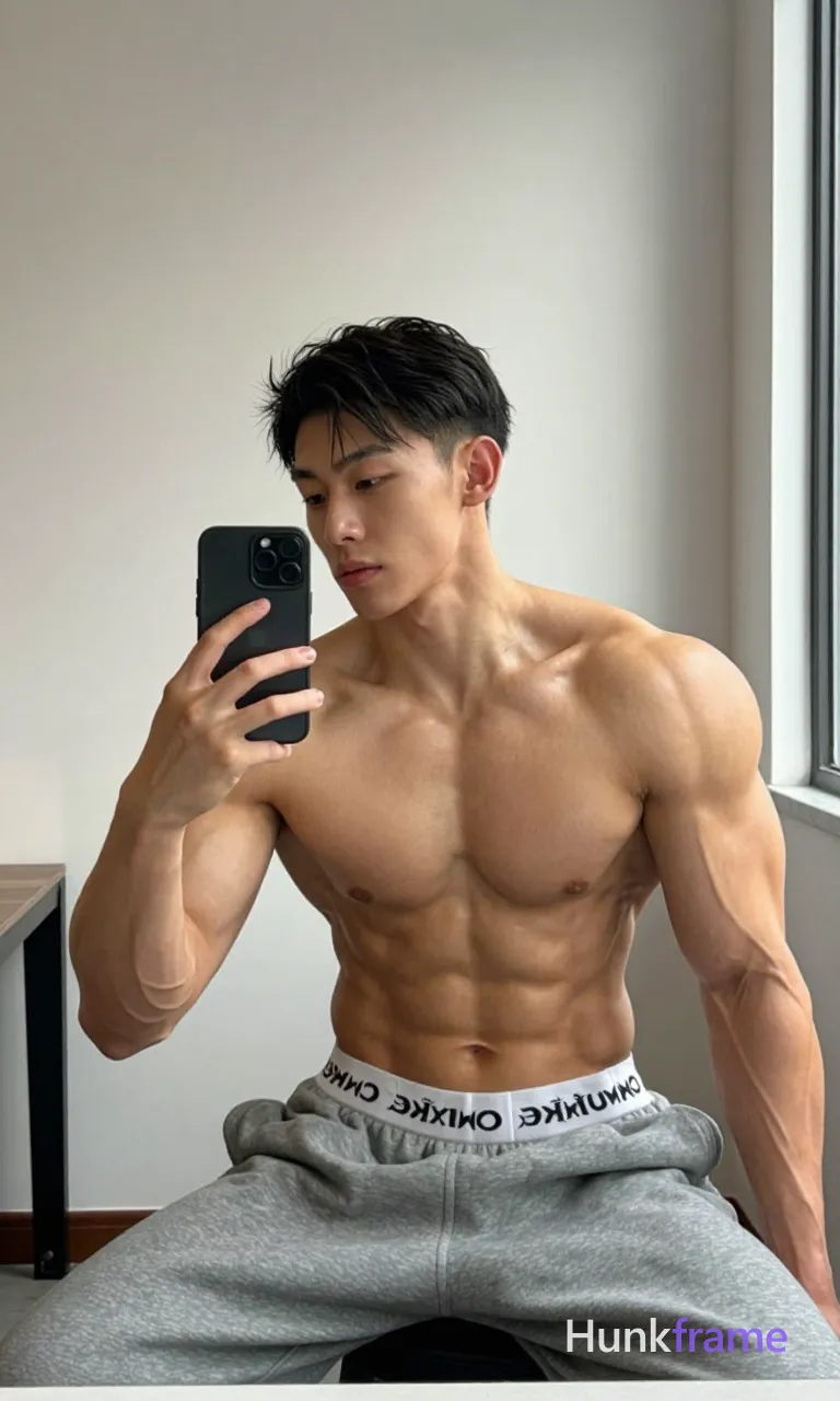 Asian adult man with short dark black hair and clean-shaven face, shirtless upper body showing highly muscular pectorals and vascularity; He sits at a desk leaning forward slightly Wearing grey an anonymous figure sweatpants with white waistband text visible in reflection; Indoor room with light-colored walls and window on right providing natural daylight casting soft shadows; Vertical portrait composition occupying right two-thirds, head positioned left-center looking toward camera via phone screen reflection, shot on iPhone 15 Pro main camera, authentic smartphone computational photography, natural Smart HDR and true-to-life skin texture, vertical 9:16 Xiaohongshu lifestyle feed, bright clean everyday scene, unretouched phone photo with subtle sensor grain, trendy Chinese internet 网红 aesthetic, candid influencer energy, phone held naturally in one hand for selfie, phone visible in frame; single clean uninterrupted photograph with a cohesive editorial composition and plain continuous surrounding surfaces