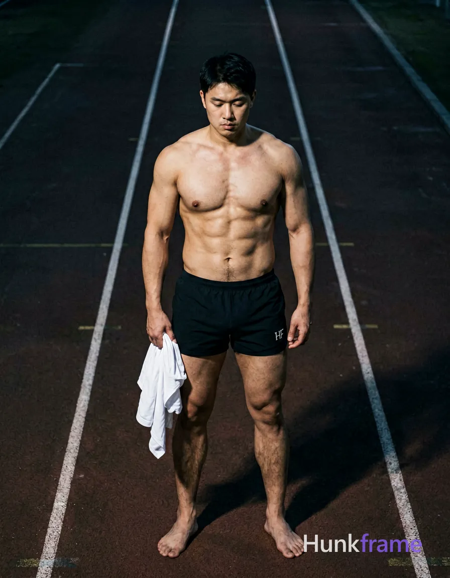 Full-bleed vertical phone wallpaper composition of an adult male standing on a dark running track at night, high-angle POV shot. Shirtless torso with defined abdominal muscles and thick thighs in black athletic shorts holding a crumpled white garment near hip. Clean negative space top, screen-safe edges, one vivid mood. Include exactly one visible wordmark, spelled exactly "HF", as a small garment print; preserve its appropriate typography and scale. No other visible text, logo, caption, username, hashtag, comment, watermark, or UI chrome., wearing underwear or swim trunks, covered genitals, no frontal nudity, a single uninterrupted photograph only, no written words or typography anywhere in frame, no captions, no app UI, no social-media post layout, no screenshot borders
