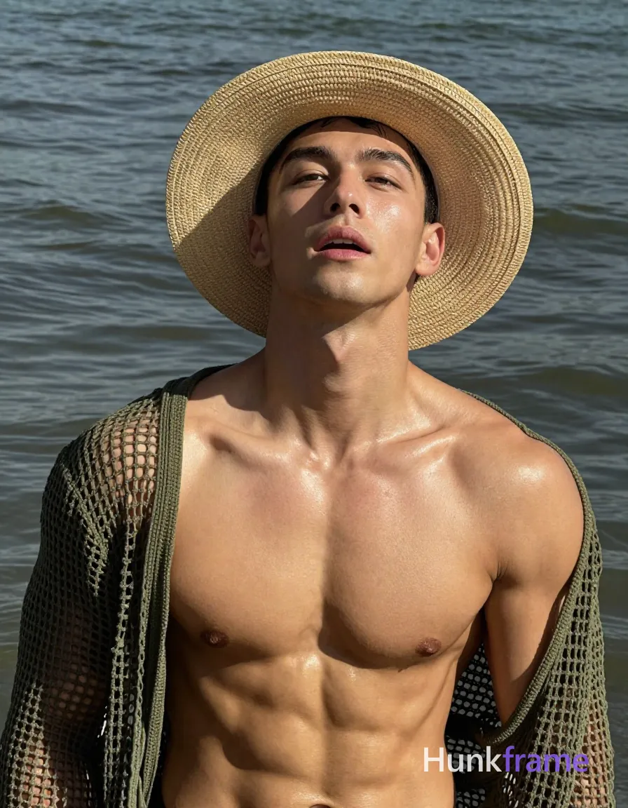 He wears unobstructed face with both eyes, irises, eyebrows, temples, and nose bridge clearly visible, is clean-shaven, and has his head tilted back with mouth slightly open gazing upward; Shirtless with broad shoulders, defined pectorals, and visible abdominal musculature; A wide-brimmed straw hat casts shadows over eyes; an olive-green open-knit mesh garment drapes loosely around shoulders; Dark water waves blur in the background under dramatic directional lighting highlighting wet skin texture, shot on iPhone 15 Pro main camera, authentic smartphone computational photography, natural Smart HDR and true-to-life skin texture, vertical 9:16 Xiaohongshu lifestyle feed, bright clean everyday scene, unretouched phone photo with subtle sensor grain, trendy Chinese internet 网红 aesthetic, candid influencer energy; single clean uninterrupted photograph with a cohesive editorial composition and plain continuous surrounding surfaces