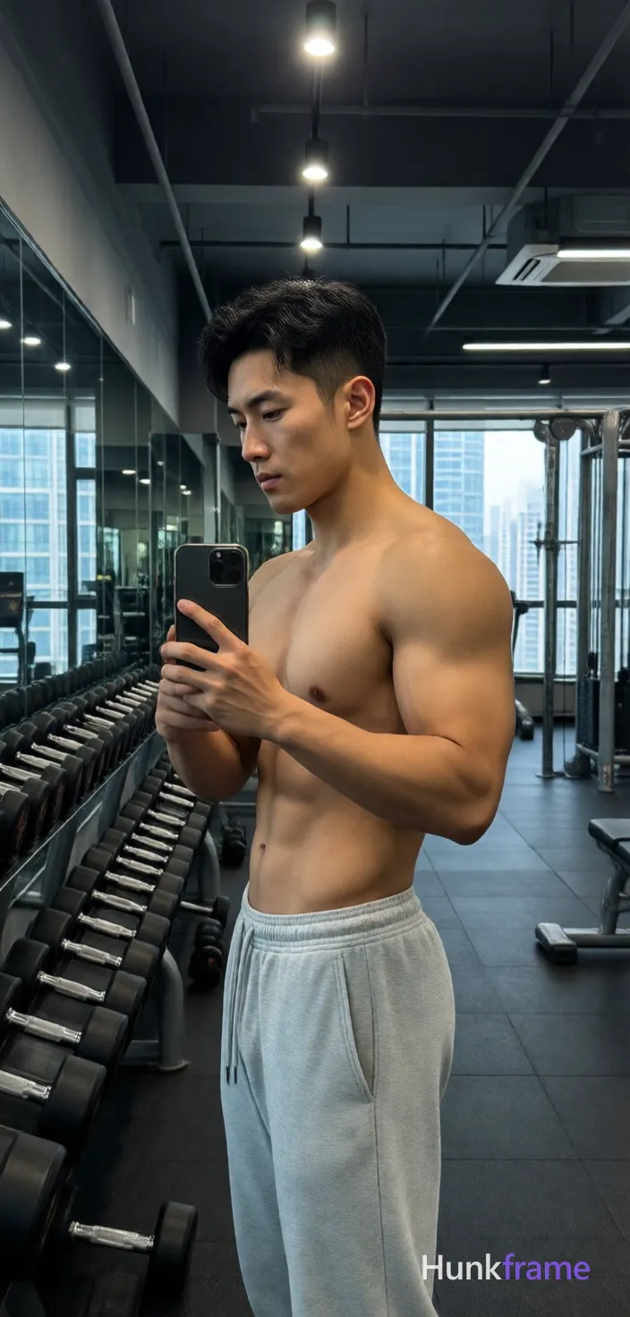 Asian man with light medium tan skin, short dark wavy hair tapered sides, clean shaven face neutral serious gaze at phone screen; Standing profile facing left holding black smartphone both hands against chest for gym mirror selfie reflection; Shirtless bare chest abdomen arms defined pectorals abdominal definition prominent biceps triceps thick thighs wearing light gray sweatpants elastic waistband drawstrings no socks shoes visible; Modern fitness center interior rows dumbbells racks mirrored walls reflecting equipment cityscape view outside windows overhead track lighting fixtures mounted ceiling beams creating even illumination subtle shadows accentuating musculature definition high-resolution smartphone photography naturalistic color grading vertical portrait orientation capturing subject from thighs up to top of head fine-art fashion editorial composition dramatic lighting sculpted pose homoerotic aesthetic premium masculine display; single clean uninterrupted photograph with a cohesive editorial composition and plain continuous surrounding surfaces