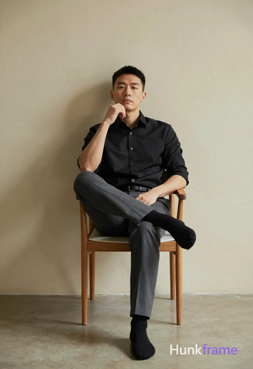 Adult man with short black hair and clean-shaven face sits in a wooden chair, leaning back against a textured beige wall. He wears a black button-down shirt sleeves rolled to elbows, dark grey trousers, a black belt with a textured buckle, and black socks. His left leg crosses over his right knee while he rests his right hand near his chin in a contemplative gesture. Natural directional light from the left casts soft shadows on the floor and highlights his lean build. The composition is an editorial full-body shot from knees to head, centered vertically with a sophisticated minimalist mood., a single uninterrupted photograph only, no written words or typography anywhere in frame, no captions, no app UI, no social-media post layout, no screenshot borders