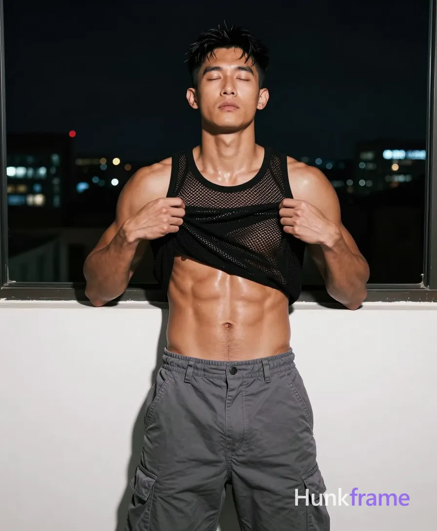 Asian adult man with light to medium tan skin showing visible sheen, standing upright torso angled slightly left; He wears a black sheer diamond-patterned mesh tank top pulled outward by both hands at shoulder level exposing bare chest and abdomen; waistband of grey cargo-style pants sits mid-thigh on thick thighs; Black short textured crop hair tousled above ears, clean-shaven face with serene expression eyes closed or nearly so head tilted back slightly; Indoor night setting white wall behind large window showing city lights bokeh; Dramatic directional lighting from front-right highlights sculpted broad shoulders defined pectorals visible abs and skin sheen; Fine-art photography aesthetic high contrast vertical portrait composition centered full-body shot thighs up to head clean negative space, same aesthetic theme and photo feel as the reference but a different man in a different pose with distinct body proportions, Black man, deep brown skin, cropped hair, broad shoulders, boxer physique not bodybuilder; single clean uninterrupted photograph with a cohesive editorial composition and plain continuous surrounding surfaces