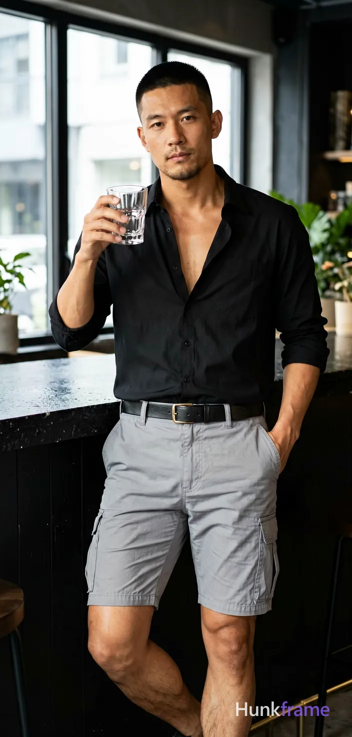 Asian man with medium-tan skin and short black buzz cut, clean-shaven chin with light upper lip stubble; Leaning casually against a textured black counter in modern café interior, weight shifted onto right leg while left knee is bent holding clear glass tumbler near chest level; Black button-down shirt worn open at collar revealing defined pectorals and upper chest from collarbone to sternum; sleeves rolled exposing full forearms including wrists; light gray cargo pants with visible side pockets and belt loops, dark leather belt threaded through waistband showing lower legs below knee level displaying thigh contours and calf definition; Portrait orientation capturing subject from knees up within interior space, center-right composition with body angled slightly toward camera occupying vertical center of frame; Natural daylight streaming through expansive window panes creating soft highlights on face and clothing against black/gray palette accented by natural greens; High-resolution commercial photography emphasizing defined anatomy, dramatic directional light, confident strength; securely fitted underwear or swim trunks with complete frontal coverage; single clean uninterrupted photograph with a cohesive editorial composition and plain continuous surrounding surfaces
