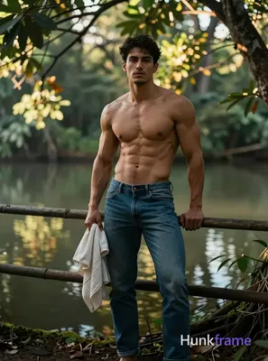 A muscular male subject standing outdoors in a natural setting with trees and water visible in the b