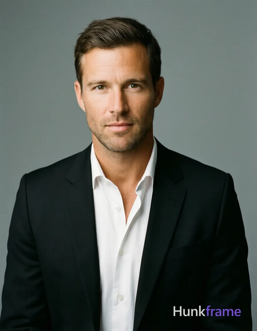 A handsome Caucasian man with fair to light tan skin and subtle natural texture stands in a high-resolution studio portrait; He has short dark brown hair neatly styled with a slight side parting, clean-shaven chin and jawline with very light stubble on the upper lip only; Wearing a black suit jacket with structured lapels over a white button-down dress shirt where the top two buttons are undone, his slim build is captured from mid-chest up; He faces forward with shoulders squared to camera in a neutral composed pose with direct gaze toward lens under softbox frontal lighting against seamless grey background; single clean uninterrupted photograph with a cohesive editorial composition and plain continuous surrounding surfaces