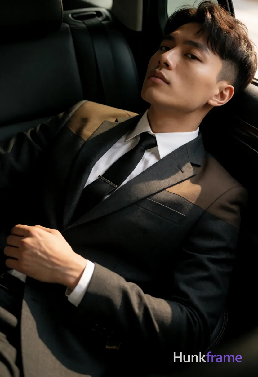 Asian man with short dark brown hair and undercut style reclining diagonally in a vehicle seat, head tilted back against window; Wearing a dark grey charcoal suit jacket with two-toned brownish shoulder panel over a white dress shirt buttoned to neck, black tie secured by silver clip; Lean build torso angled toward viewer, left arm bent hand near waist; High-contrast chiaroscuro lighting from right casting warm highlights on face and deep shadows on left side inside car interior with black leather seat; Premium fashion editorial aesthetic, shallow depth of field, intimate cinematic mood; single clean uninterrupted photograph with a cohesive editorial composition and plain continuous surrounding surfaces