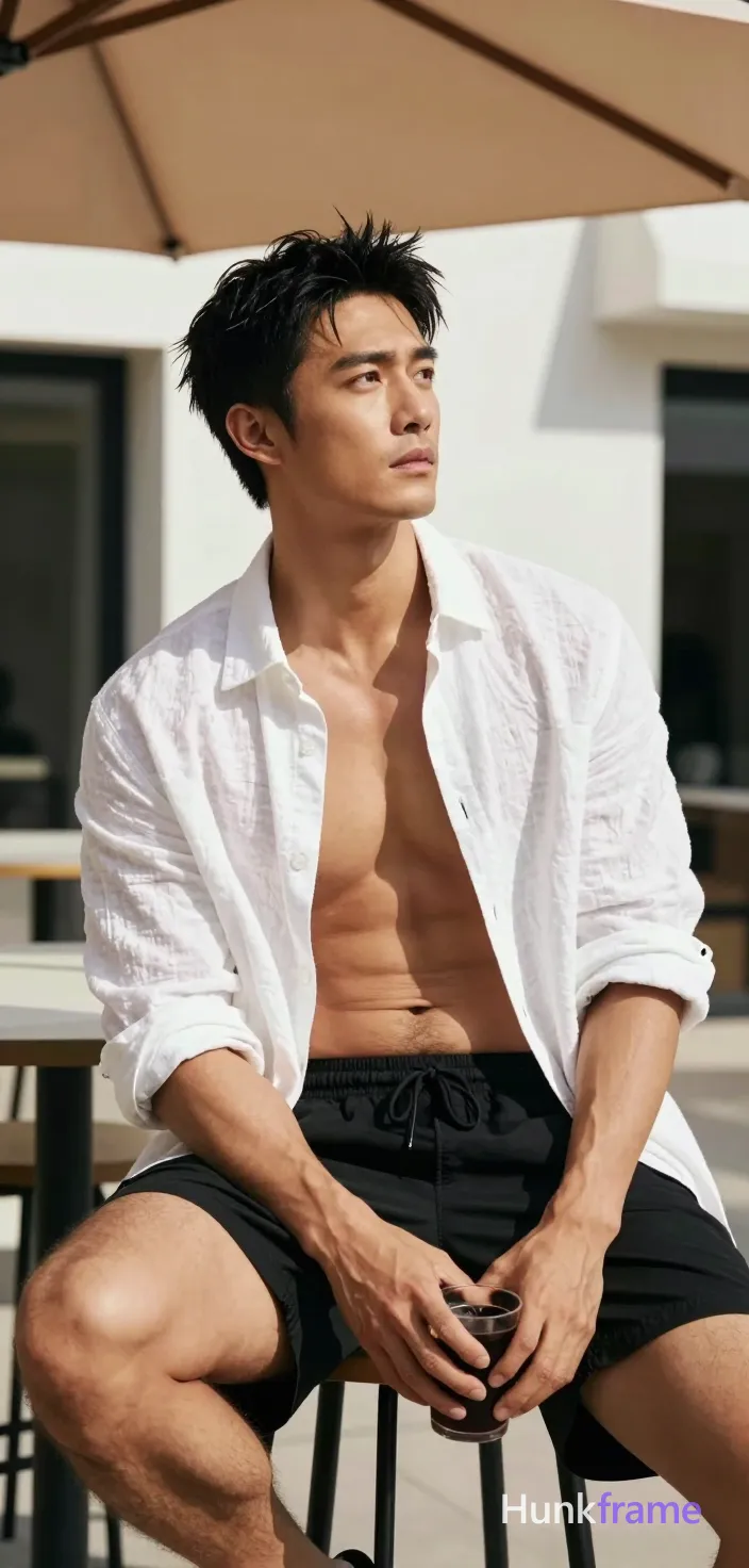 Asian man with light-medium skin and black short hair styled with volume, clean-shaven face looking upward right. Seated on high stool torso angled left holding dark drink between knees in white textured linen shirt unbuttoned at top revealing upper chest clavicles pectorals abdomen defined abs sleeves rolled wearing black drawstring shorts ending above knee weight shifted onto left leg broad shoulders thick thighs rugged warm confidence dense body hair implied by build outdoor patio under beige awning casting soft shadows on white stucco wall modern building facade background right bright natural sunlight from upper left creating strong highlights shallow depth of field keeping subject sharply focused softly blurring architectural elements behind vertical phone-camera aesthetic head-to-thighs framing excluding feet entirely center-left composition occupies majority frame relaxed confidence sun-drenched leisure premium lifestyle editorial tone high-contrast outdoor lighting emphasizing muscle definition clean lines minimal background distractions typical of fashion photography, a single uninterrupted photograph only, no written words or typography anywhere in frame, no captions, no app UI, no social-media post layout, no screenshot borders