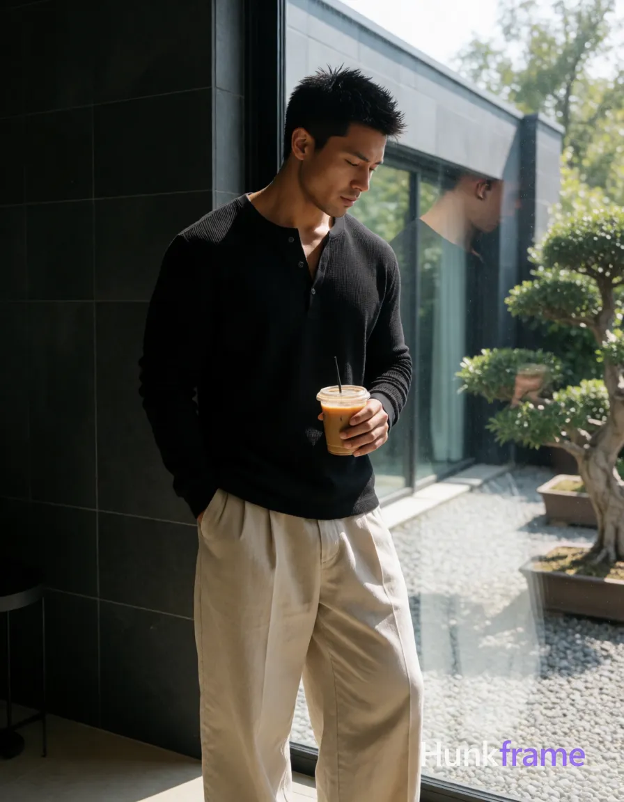 an anonymous figure man with medium tan skin and short spiky black hair, clean-shaven chin with faint upper lip stubble; Standing casually in a sunlit modern apartment living room holding an iced coffee cup near a large glass window overlooking gravel garden and manicured bonsai trees; Wearing a textured black long-sleeve Henley shirt open at the placket revealing sculpted upper chest, paired with loose light beige wide-leg trousers; Full-body shot from mid-thigh up to head angled slightly downward; Soft natural daylight highlights broad shoulders and defined biceps against dark tiled walls; Fine-art photography aesthetic emphasizing dramatic yet soft lighting on a contemplative masculine form; single clean uninterrupted photograph with a cohesive editorial composition and plain continuous surrounding surfaces