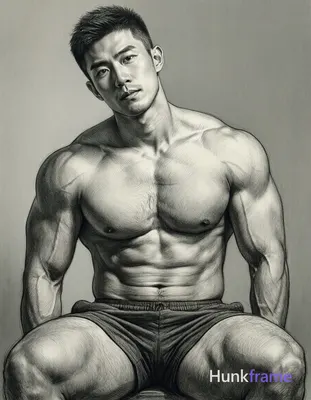 A pencil sketch of a shirtless man with short hair, head slightly tilted to the 