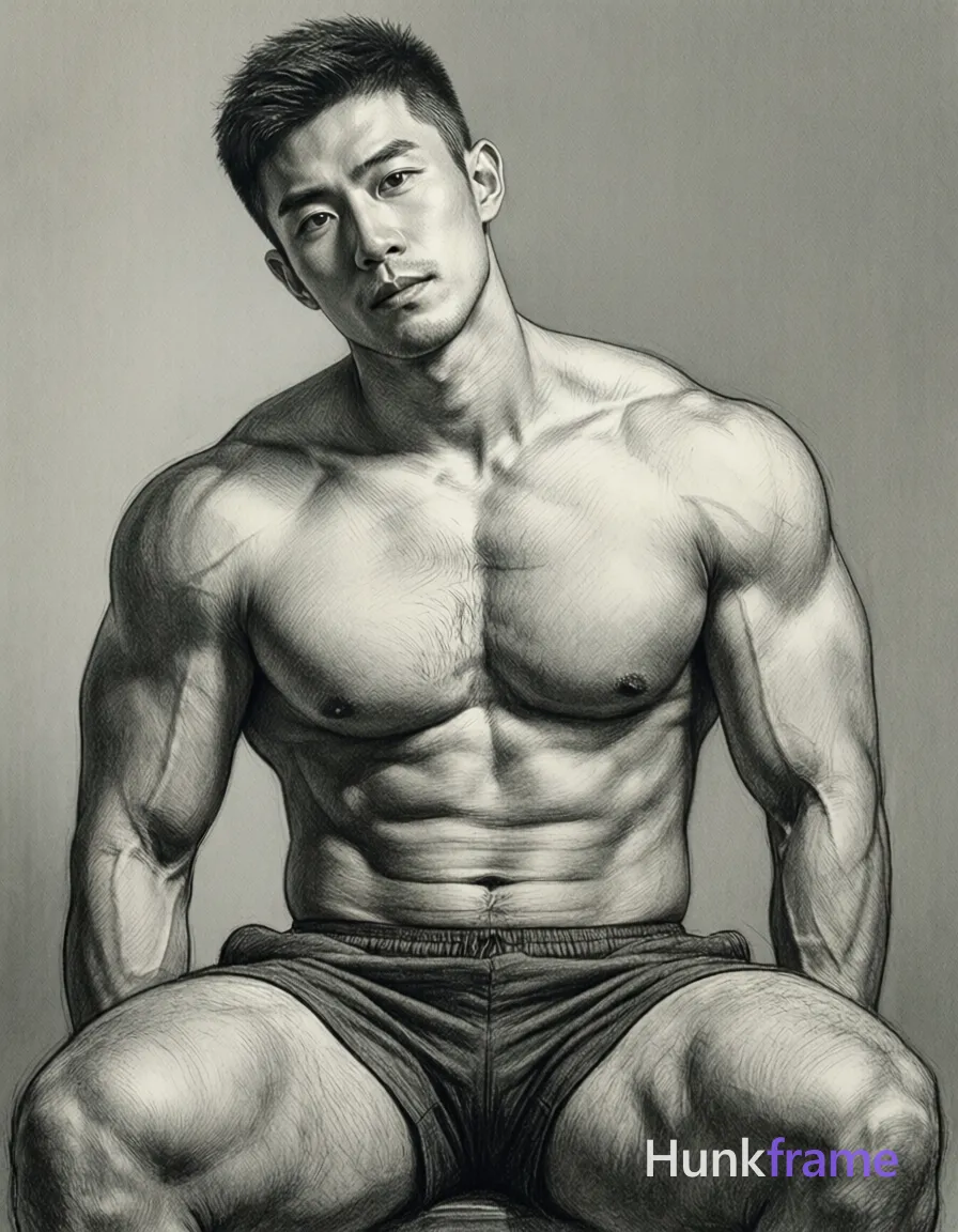 A pencil sketch of a shirtless man with short hair, head slightly tilted to the side, looking directly at the viewer. The composition shows a torso-only crop with the shoulders down and head fully visible within a vertical portrait orientation canvas (1044:1079 aspect ratio). Soft lighting casts subtle shadows on his thick muscular thighs. The sketch is rendered in muted gray tones, capturing a romantic aesthetic mood