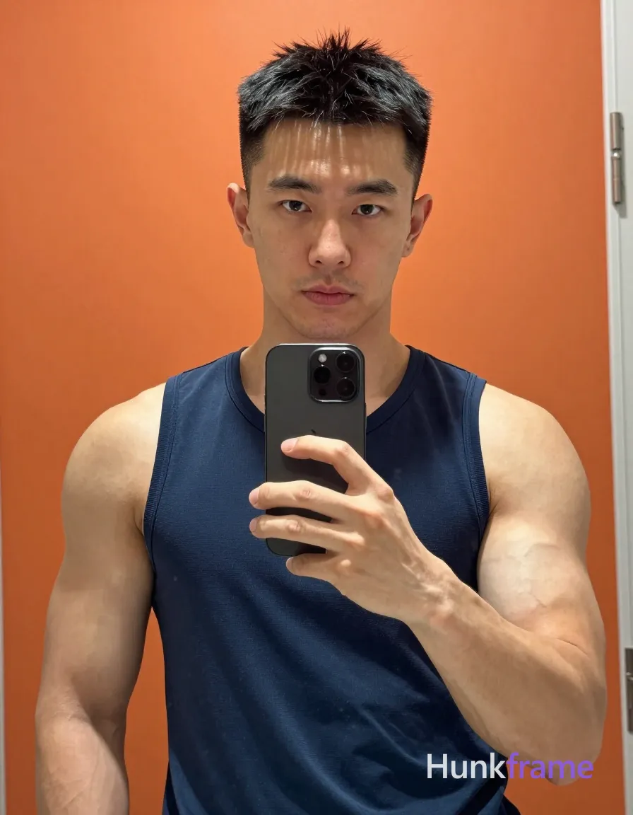 Photograph of exactly 1 adult man. Man 1: Asian, light to medium tan, oval with defined jawline, short, dark black hair, textured top with slightly spiky front, clean-shaven sides and back, clean-shaven, smooth chin and jawline. Man 1 has fully exposed eyes, eyebrows, temples and nose bridge. Highly muscular build with defined deltoids, biceps. Standing holding black smartphone capturing mirror selfie. Dark blue sleeveless athletic tank top covering torso. Vertical portrait centered on subject from mid-chest up. Indoor room featuring orange wall background behind figure. Direct frontal lighting highlighting musculature sharply. Fine-art photography with high contrast and sharp focus