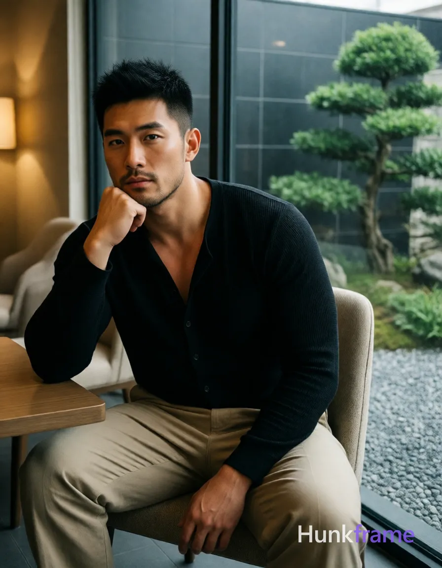 Photograph of exactly 1 adult man. Man 1: East Asian, medium tan with warm undertones, square jawline, defined cheekbones, straight nose bridge, short spiky black hair, textured top, tapered sides and back, clean-shaven chin and jawline, faint stubble on upper lip only. Man 1 has fully exposed eyes, eyebrows, temples and nose bridge. Broad shoulders, defined biceps with thick thighs partially obscured by loose beige trousers. Seated sideways on upholstered chair right elbow propped on table hand supporting chin. Black long-sleeve Henley-style shirt open placket revealing upper chest above neckline. Full-body shot from mid-thigh up to head angled slightly downward center-left portrait orientation. Indoor café or lounge with large glass window overlooking gravel garden, manicured bonsai trees dark tiled wall behind subject. Soft natural daylight from right-side window creating gentle highlights on face and arms warm ambient interior lighting casting subtle shadows against left-side wall. Fine-art photography aesthetic dramatic yet soft lighting sculpted masculine form emphasized through pose and framing minimalist urban-chic palette of black beige green