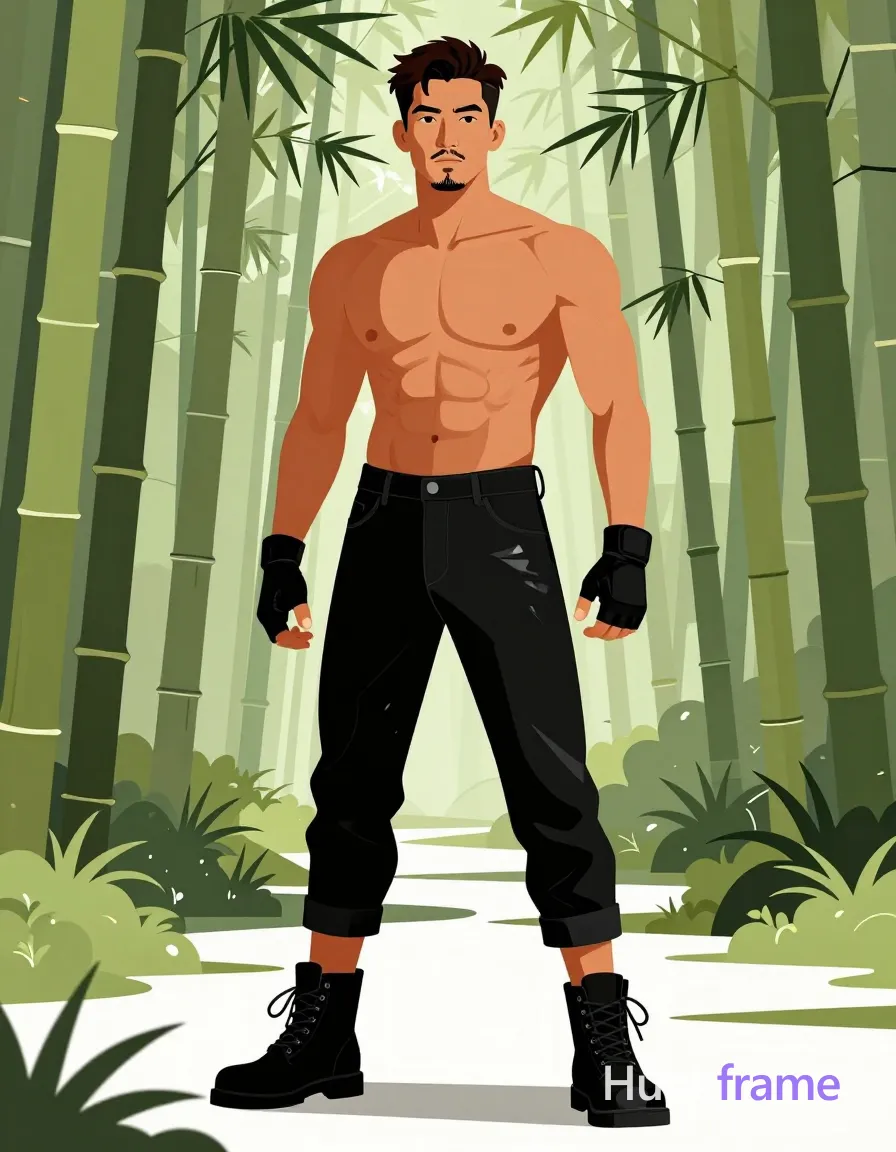Asian man with tanned skin and short dark hair styled upward, light mustache and goatee. Standing facing camera with slight forward lean, arms relaxed at sides in a bamboo forest path setting. Shirtless torso revealing broad shoulders, defined pectorals, six-pack abs, thick thighs; black leather-like pants cuffed above knees showing calves, black lace-up combat boots, fingerless gloves on both hands. High-contrast lighting sculpts musculature against green stalks and soft daylight filtering through canopy. Bold flat-color poster graphic design with clean vector lines and high-contrast color blocking., a single uninterrupted photograph only, no written words or typography anywhere in frame, no captions, no app UI, no social-media post layout, no screenshot borders