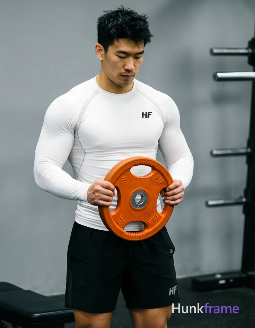 Asian man with light-medium skin and short black textured hair stands in a gym, holding an orange 10kg HF weight plate at waist level; He wears white long-sleeve compression top with chest paneling and small left logo, paired with black athletic shorts ending mid-thigh featuring a small right leg logo; Lean muscular build captured from slightly elevated angle against gray wall background; soft directional front-left lighting enhances physique definition; Focused, clean mood; FULL GARMENT TEXT REPLACEMENT: remove every source garment word, sentence, slogan, logo, and partial brand spelling from every existing print area, then replace those source marks with only the wordmark, spelled exactly "HF"; This is replacement, Repeated "HF" marks are allowed only where the source garment already had printed text; preserve appropriate placement, typography, color, and scale; No other visible text, logo, caption, username, hashtag, comment, watermark, or UI chrome; single clean uninterrupted photograph with a cohesive editorial composition and plain continuous surrounding surfaces