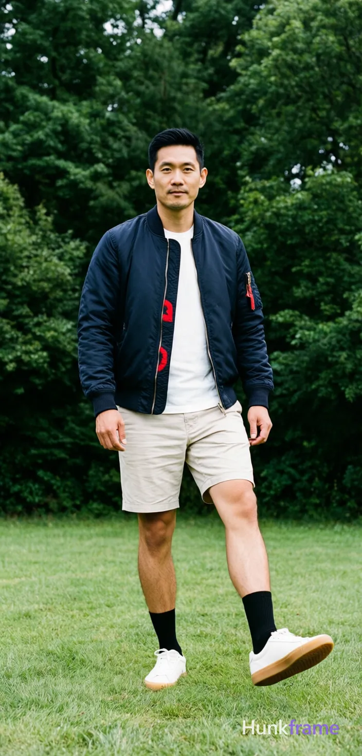 Striking masculine wallpaper of an Asian man with short black hair and clean-shaven face standing full-body on grass. Weight shifts to right leg while left foot lifts mid-step or rests on heel. He wears a dark navy bomber jacket with red logo partially zipped over white crew-neck t-shirt, light beige shorts above knee, black ankle socks, and white sneakers with gum soles. Dense green trees fill background under natural daylight. Clean negative space surrounds centered full-body vertical composition for screen-safe viewing, vivid mood of casual clean outdoor fashion editorial photography on grass., a single uninterrupted photograph only, no written words or typography anywhere in frame, no captions, no app UI, no social-media post layout, no screenshot borders