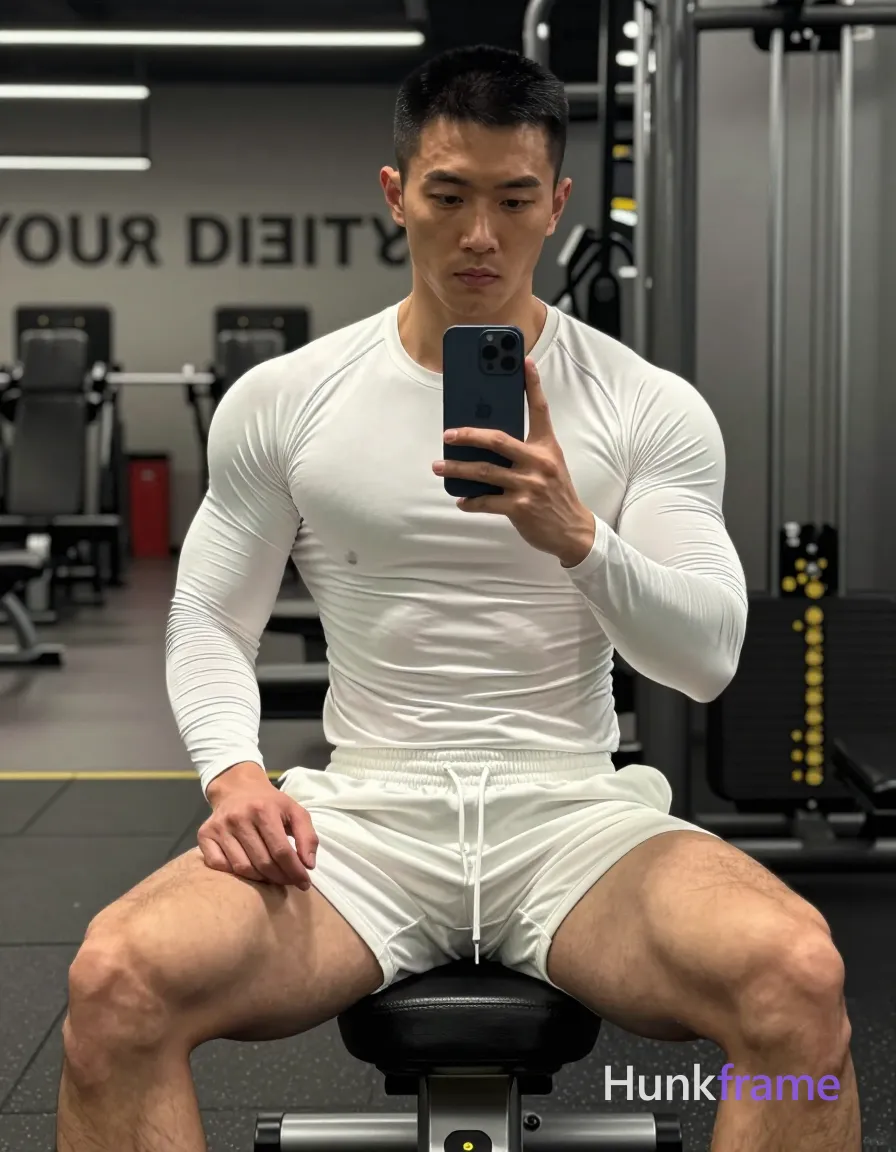 Asian adult man with short black buzz cut and clean-shaven face, neutral expression gazing directly into mirror reflection; Seated on gym bench facing forward in vertical portrait composition, legs spread wide apart with knees bent to prominently display thick quads and defined glutes; Shirtless torso covered by form-fitting white long-sleeve compression shirt clinging from neck to waistline; matching white athletic shorts ending mid-thigh showing drawstring waistband at front center; Holding dark blue smartphone vertically in right hand capturing reflection, left hand resting on left thigh near hip area with subtle tension; Background features gym equipment behind him on the right side and partial wall text 'YOUR DEST'; High-contrast lighting emphasizes sculpted musculature of abdomen including defined abs and obliques against industrial fluorescent glow; FULL TEXT REPLACEMENT: remove every original source word, sentence, slogan, logo, and partial spelling from the text-bearing area, then replace it with only the wordmark, spelled exactly "hunkframe" in the original compositional text position; This is replacement; Preserve appropriate typography and scale; No; single clean uninterrupted photograph with a cohesive editorial composition and plain continuous surrounding surfaces
