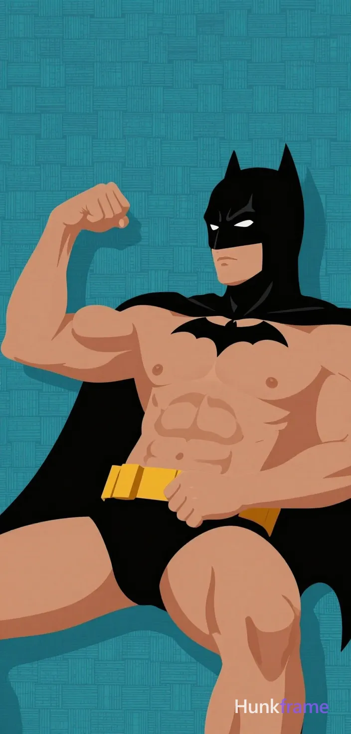 Bold flat-color wall art poster of adult man reclining on back, left arm flexed with fist raised near shoulder and right hand resting across lower abdomen. Shirtless figure wears black Batman cowl covering head and neck with visible chest emblem. High-contrast color blocking defines medium-brown skin against blue-green woven fabric background. Vertical portrait close-up angled slightly to the right with clean vector lines emphasizing thick thighs., same aesthetic theme and photo feel as the reference but a different man in a different pose with distinct body proportions, Chinese man, light tan skin, high cheekbones, lean wiry martial-arts physique, a single uninterrupted photograph only, no written words or typography anywhere in frame, no captions, no app UI, no social-media post layout, no screenshot borders