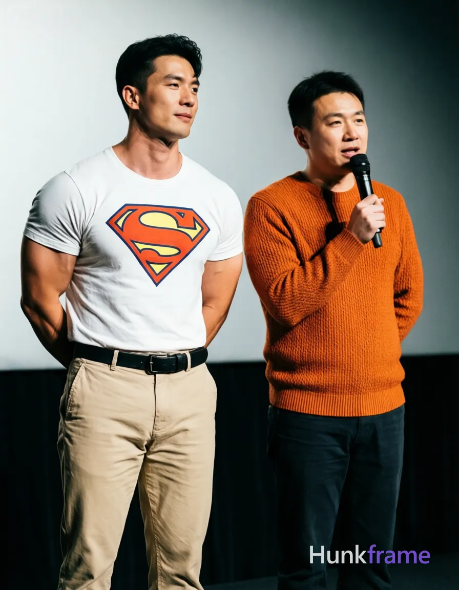 A handsome Asian male model standing straight with hands behind his back. He is dressed in a white t-shirt featuring the Superman logo and beige pants, complete with a black belt. The subject has broad shoulders and defined abs, emphasizing his muscular build. The setting is a studio environment with soft lighting and neutral colors, creating a calm and composed mood. The image is captured in a full-body shot with a horizontal landscape orientation (384:211 aspect ratio) at 1344x768 resolution, maintaining sharp clarity