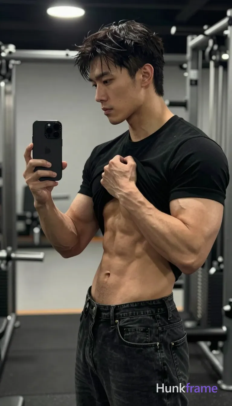 Photograph of exactly 1 adult man. Man 1: Asian, light-medium, oval with defined jawline, short dark hair, slightly tousled texture, side parting visible, clean-shaven with slight stubble on chin and jawline. Man 1 has fully exposed eyes, eyebrows, temples and nose bridge. Asian man with defined pectoral muscles, six-pack abs standing in profile facing left mirror reflection holding smartphone. pulling black crew-neck t-shirt upward exposing chest, abdomen while waistband sits mid-thigh on dark denim jeans. black lifted shirt revealing torso paired with dark denim jeans featuring visible belt loops against indoor gym background. vertical portrait 13:19 aspect ratio center-right foreground occupying majority of vertical frame space under overhead recessed lighting. indoor gym environment with weight racks, exercise equipment softly blurred in metallic silver tones behind focused subject. high contrast dramatic shadows sculpting musculature on light-medium skin creating premium fine-art photography aesthetic