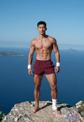 Asian man with tanned skin and short black hair stands shirtless on a rocky outc