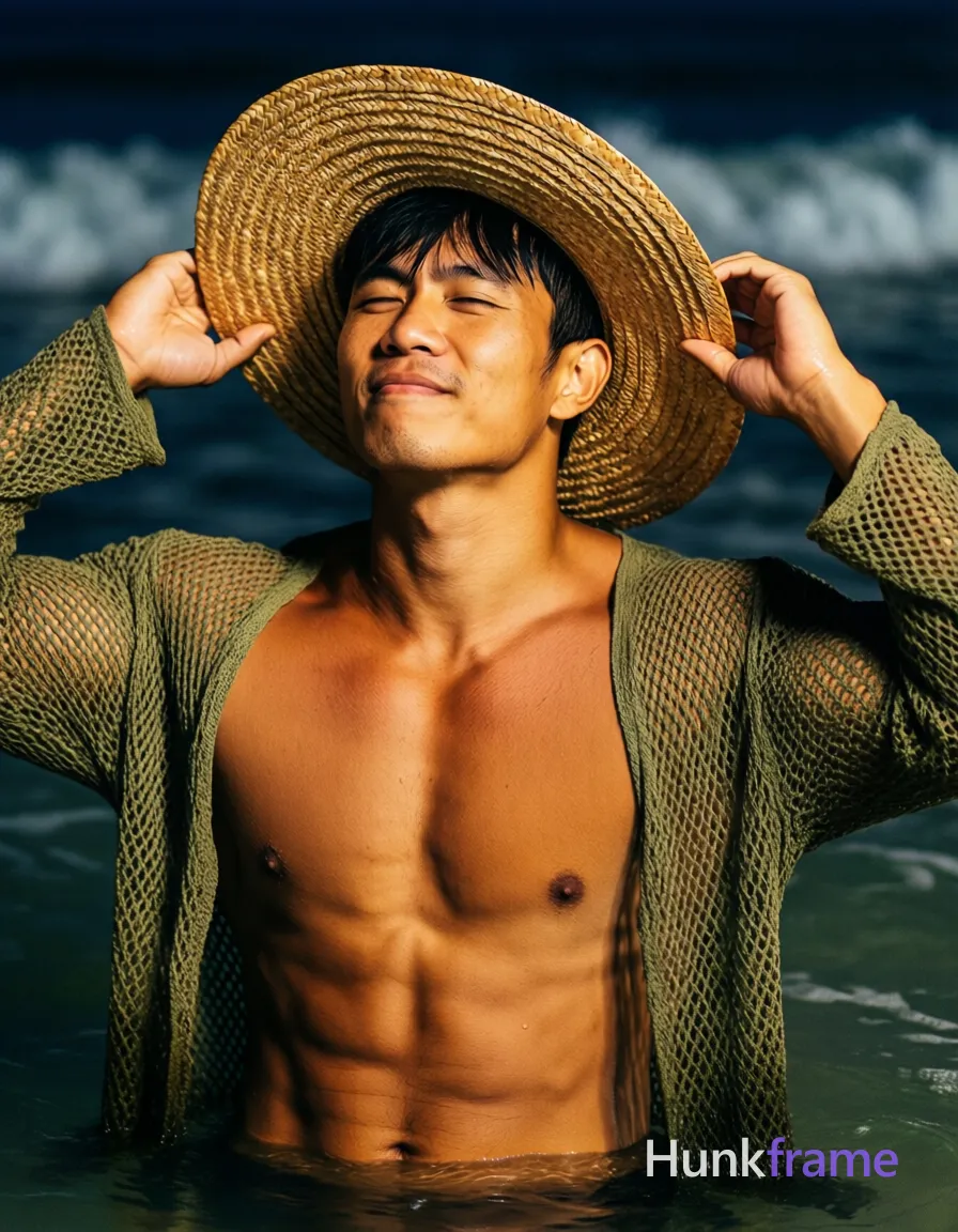 Asian man with tanned skin and short black straight hair stands in shallow water at night, adjusting a wide-brimmed straw hat on his head; He is shirtless with an olive-green open-knit mesh garment draped over shoulders exposing entire chest and abdomen; Broad shoulders, defined pectorals, visible abdominal definition; Relaxed expression with head tilted back slightly, eyes closed squinting against light; Vertical portrait orientation 13:19 aspect ratio; Close-up torso-to-head framing from mid-chest up to forehead where hat brim partially obscures upper face and right eye; Shallow depth of field blurring background waves with dramatic directional lighting highlighting chest musculature in bold flat-color poster style; single clean uninterrupted photograph with a cohesive editorial composition and plain continuous surrounding surfaces