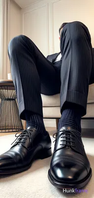 Polished anime style rendering of an adult man seated with legs extended forward, feet resting on a 