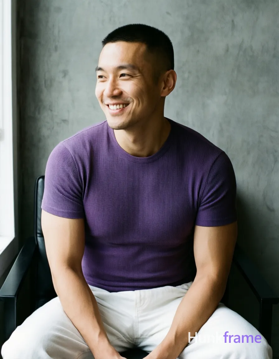 Asian man with short buzz cut and clean-shaven face smiling, seated upright on a black chair against a textured gray wall; He wears a snug purple marled crew-neck t-shirt revealing broad shoulders and defined pectorals, paired with loose white pants; His torso is relaxed while his head turns slightly to the viewer's right; Soft directional light from the left creates subtle shadows in an indoor setting that feels like a candid Xiaohongshu lifestyle feed; single clean uninterrupted photograph with a cohesive editorial composition and plain continuous surrounding surfaces