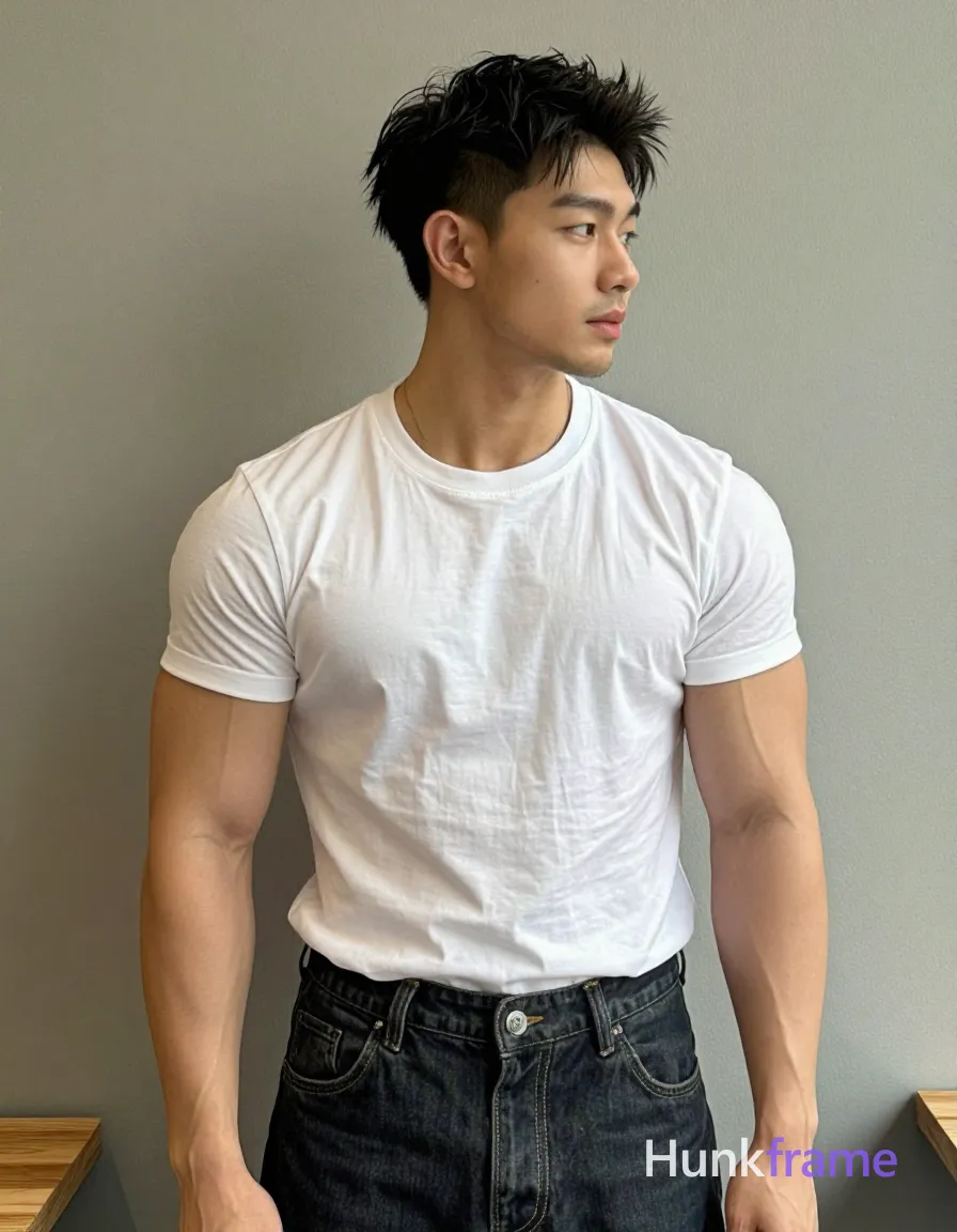 Asian man with short dark black hair featuring a textured top swept upward and faded undercut, clean-shaven chin with light stubble on jawline; He stands in three-quarter profile facing right, head turned away looking off-camera Wearing plain white crew-neck t-shirt with slight wrinkling across chest indicating fit, dark indigo denim jeans with visible front fly seam and waistband at natural line; Waist-up portrait shot showing full head through upper thighs against a plain neutral wall filling background; Soft directional key light from front-left creates subtle shadows on right side of face and torso; High-resolution fashion editorial photography with sharp focus on subject's face, natural skin tones rendered without heavy retouching to preserve texture details like pores, shot on iPhone 15 Pro main camera, authentic smartphone computational photography, natural Smart HDR, vertical 9:16 Xiaohongshu lifestyle post, bright clean gym or cafe scene, wardrobe matching reference outfit, confident everyday blogger pose, phone photo with natural grain; single clean uninterrupted photograph with a cohesive editorial composition and plain continuous surrounding surfaces