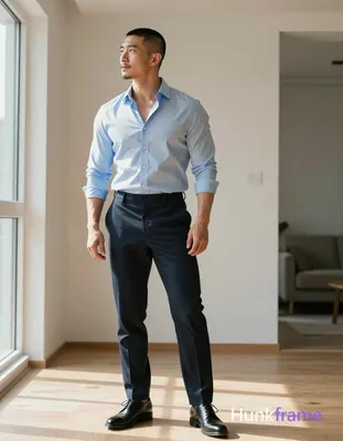 Asian man with short buzz cut and slight upper lip stubble standing in a sunlit modern apartment, to