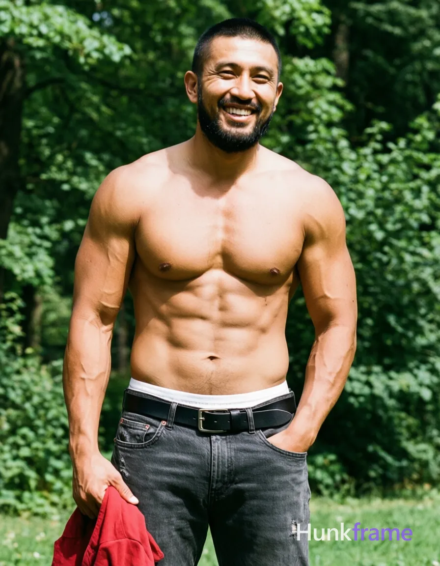 Asian man with light tan skin and short black buzz cut stands upright in a park setting, smiling broadly with slight head tilt to right; Shirtless adult displaying broad shoulders, defined pectorals, six-pack abs, visible vascularity on arms; dark grey distressed jeans with belt loops and silver buckle, black leather belt, white underwear waistband visible above pants; Right hand holds red garment at hip level while left hand rests in pocket; Natural daylight casts soft shadows on torso against lush green foliage background; Candid lifestyle portrait composition focusing on upper body from head to mid-thighs, same aesthetic theme and photo feel as the reference but a different man in a different pose with distinct body proportions, Middle Eastern man, tan skin, dark beard shadow, muscular but natural proportions; single clean uninterrupted photograph with a cohesive editorial composition and plain continuous surrounding surfaces