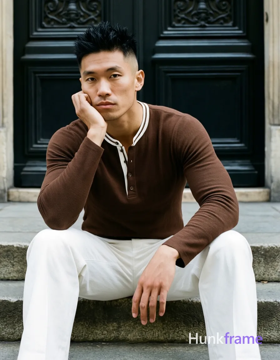 Asian man with short black textured spiky hair fading to tight buzz, clean-shaven face, neutral contemplative gaze directed at camera; Seated on stone steps in front of dark ornate double doors, knees bent and legs spread apart, left hand resting under chin, right arm extended downward along thigh; Wearing brown long-sleeve henley shirt with white ribbed collar trim and button placket, fully clothed torso, white wide-leg trousers; Full-body shot from head to knees centered composition; Natural daylight illuminating earthy palette of browns, whites, and stone grays; Fashion editorial aesthetic with clean lines, neutral tones, dramatic sculpted lighting highlighting lean build anatomy; single clean uninterrupted photograph with a cohesive editorial composition and plain continuous surrounding surfaces