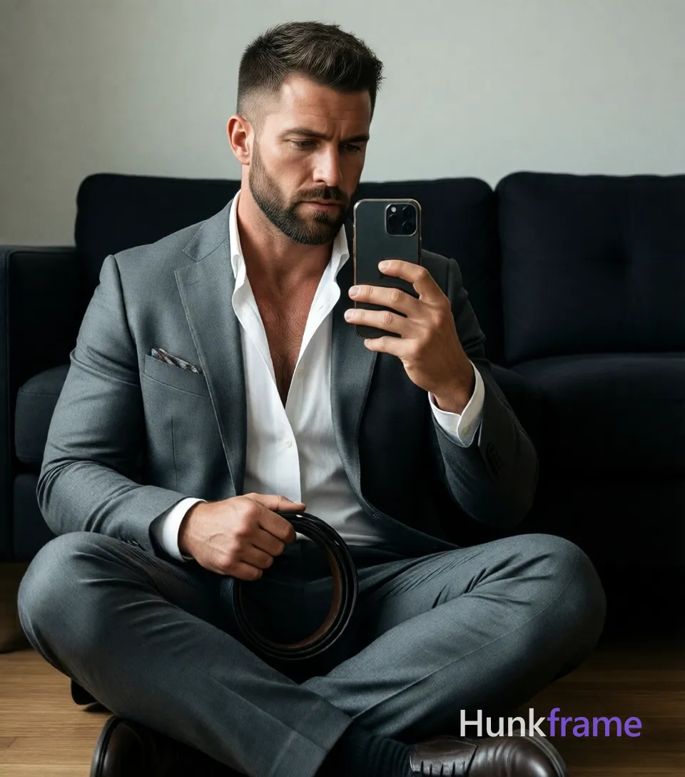 Adult man with short textured dark brown crop and neatly trimmed beard, focused downward gaze at smartphone; Seated cross-legged on wooden floor holding black leather belt in right hand near waist while taking mirror selfie with left hand; Wearing grey suit jacket with notched lapel, pocket square, unbuttoned white shirt revealing chest hair, matching tailored trousers; Center-left pose against plain wall and black sofa; Soft directional lighting from left creates subtle shadows on face and clothing; High-fashion editorial aesthetic, clean composition emphasizing sculpted physique, thick thighs, broad shoulders, light-medium skin tone in portrait orientation; single clean uninterrupted photograph with a cohesive editorial composition and plain continuous surrounding surfaces