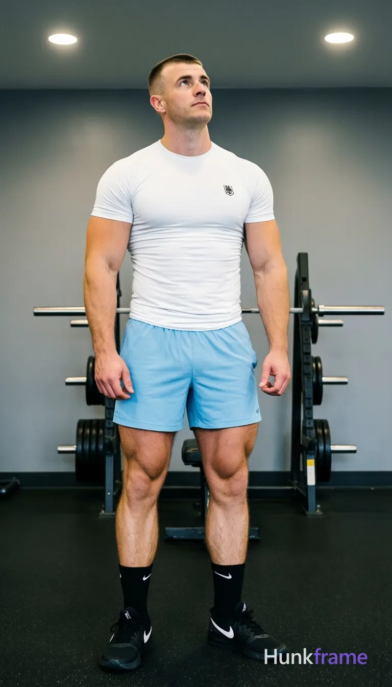 an anonymous figure man with short buzz cut and high forehead, clean-shaven face gazing upward contemplatively; Standing upright in a gym setting with grey walls and black rubber flooring, weight bench visible behind him; Wearing white fitted short-sleeve t-shirt with small chest logo, light blue athletic shorts reaching mid-thigh, black crew socks with white Nike swoosh, black athletic sneakers; Broad shoulders, defined pectorals, toned arms, thick thighs, visible calf muscles under overhead recessed lighting casting soft shadows; Vertical full-body shot centered composition, natural skin tones, realistic proportions, focused and athletic mood; FULL TEXT REPLACEMENT: remove every original source word, sentence, slogan, logo, and partial spelling from the text-bearing area, then replace it with only the wordmark, spelled exactly "hunkframe" on the sign in the composition; This is replacement; Preserve appropriate typography and scale; No other visible text, logo, caption, username, hashtag, comment, watermark, or UI chrome; single clean uninterrupted photograph with a cohesive editorial composition and plain continuous surrounding surfaces
