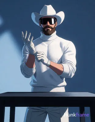 A fair-skinned Caucasian man with a full trimmed beard and mustache stands behind a dark table in an