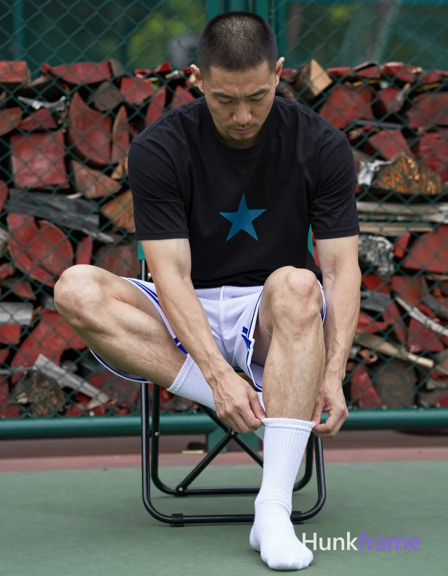 an anonymous figure adult man with short black buzz cut and light stubble on jawline, neutral focused downward gaze; Seated on folding chair outdoors against green chain-link fence, right leg forward adjusting white crew sock with both hands while left hand rests near ankle; Wearing black short-sleeve t-shirt with partially visible light blue star graphic, white basketball shorts with blue side panels mid-thigh waistband; Thick quadriceps and calves defined hamstrings slim waistline fully clothed adult; Vertical portrait 13:19 aspect ratio low-angle perspective emphasizing sculpted thigh muscles and fabric tension on sock pull; Natural daylight soft shadows overcast court surface red green stacked firewood background documentary realism sports lifestyle aesthetic tasteful suggestive framing, same aesthetic theme and photo feel as the reference but a different man in a different pose with distinct body proportions, Japanese man, soft masculine features, straight black hair, slim dancer build; single clean uninterrupted photograph with a cohesive editorial composition and plain continuous surrounding surfaces