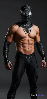 Dark-skinned man with deep brown skin, face obscured by black Spider-Man mask with white webbing. St