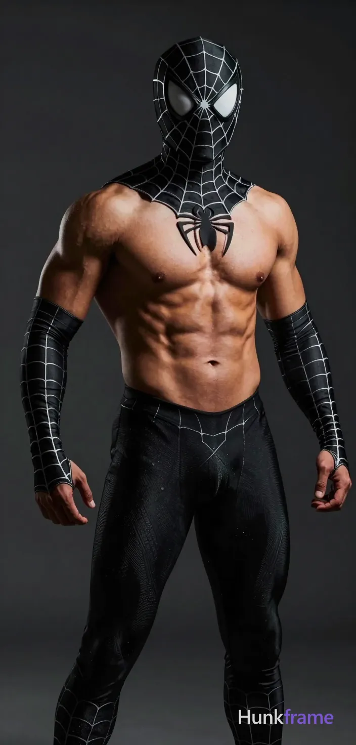 Dark-skinned man with deep brown skin, face obscured by black Spider-Man mask with white webbing. Standing torso angled slightly right, arms bent hands near hips, costume draped off shoulders exposing bare chest and upper back. Shirtless adult wearing tight black spandex bodysuit with white spider-web print, sleeves pushed to elbows revealing forearms. Broad shoulders, defined pectorals, thick thighs visible in vertical portrait crop from mid-thighs up. Indoor studio dark neutral background, high-contrast chiaroscuro lighting from front-left highlighting sculpted musculature and tight fabric texture. Centered theatrical composition against void-like backdrop, intense dramatic cinematic mood., same aesthetic theme and photo feel as the reference but a different man in a different pose with distinct body proportions, Filipino man, golden brown skin, warm smile lines, compact muscular build, a single uninterrupted photograph only, no written words or typography anywhere in frame, no captions, no app UI, no social-media post layout, no screenshot borders
