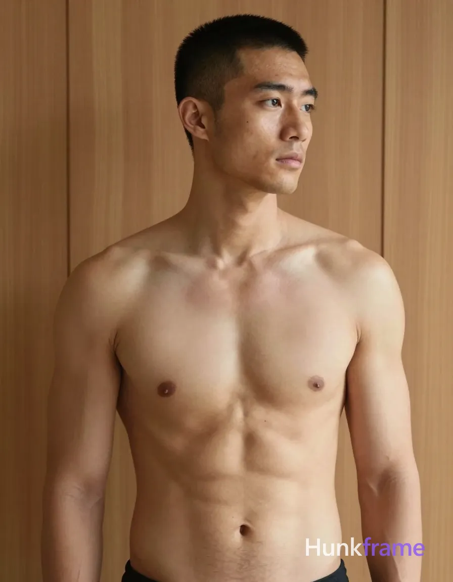 an anonymous figure adult man with short buzz cut and clean-shaven jawline posing suggestively in a tasteful vertical portrait; Standing shirtless against warm wooden paneling, his torso angles slightly right to emphasize broad shoulders and toned arms while defined pectoral muscles and rectus abdominis segments catch soft directional light from the front-left; The lighting creates natural highlights on his light-to-medium tan skin with subtle shadows enhancing abdominal definition including obliques; Shallow depth of field isolates him against the blurred vertical grain background, maintaining a minimalist mood; single clean uninterrupted photograph with a cohesive editorial composition and plain continuous surrounding surfaces