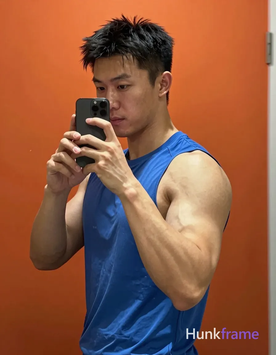 Photograph of exactly 1 adult man. Man 1: Asian, light-medium, oval with defined jawline, short black hair, slightly tousled texture, straight to slight wave, clean-shaven. Man 1 has fully exposed eyes, eyebrows, temples and nose bridge. Very muscular build with defined biceps, triceps. Standing facing mirror holding phone for selfie while gesturing near cheek. Blue sleeveless athletic shirt covering torso, shoulders. Vertical portrait head to waist crop center-left in frame. Indoor against solid orange wall with vertical shadow line on right side. Soft frontal lighting emphasizing strong muscle definition under gentle shadows. Fine-art photography with dramatic sculpted poses and premium fashion-editorial quality