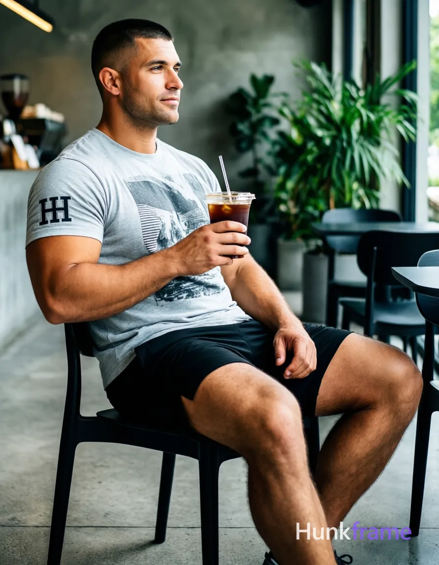 an anonymous figure adult man with light medium tan skin and short black buzz cut seated sideways on a black chair, holding clear plastic cup with dark iced beverage in right hand; Wearing light gray graphic t-shirt with HH logo sleeve and black athletic shorts ending mid-thigh; Broad shoulders defined pectorals thick thighs toned calves visible; Modern café interior concrete flooring greenery background soft ambient lighting clean composition sharp focus vertical portrait orientation full-body seated shot waist-up to knees feet centered at bottom edge natural skin texture confident relaxed mood bold flat-color poster wall-art graphic design high-contrast color blocking clean vector line no text; single clean uninterrupted photograph with a cohesive editorial composition and plain continuous surrounding surfaces