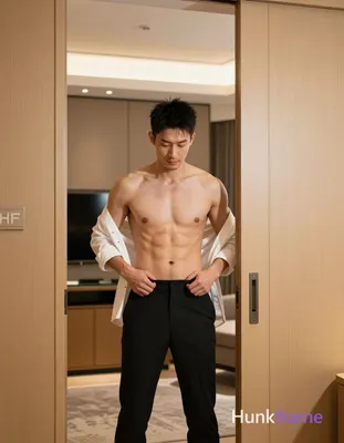 Asian man with short spiky black hair, light-medium skin tone, clean-shaven chin and upper lip with 
