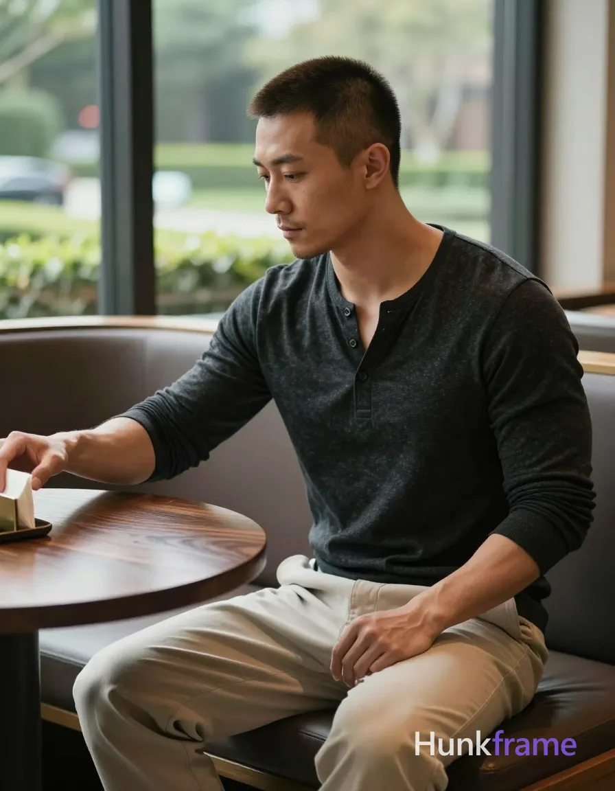 Asian man with short buzz cut dark brown hair, clean-shaven light stubble, calm contemplative profile gaze downward; Seated sideways at round dark wood table reaching left arm forward for napkin holder, right hand resting on thigh fingers slightly curled; Wearing dark charcoal long-sleeve henley shirt buttoned to mid-chest revealing collarbones and upper sternum, light beige wide-leg trousers; Indoor cafe booth with large glass window overlooking manicured garden, soft natural daylight creating intimate highlights on skin and broad shoulders; Vertical portrait 13:19 aspect ratio, fine-art photography aesthetic emphasizing sculpted physique and quiet luxury atmosphere; single clean uninterrupted photograph with a cohesive editorial composition and plain continuous surrounding surfaces