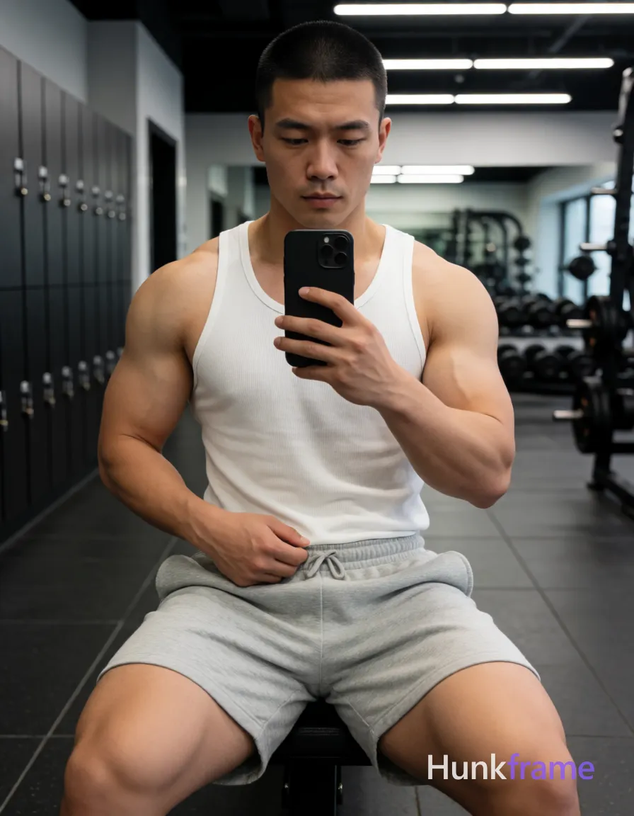 Photograph of exactly 1 adult man. Man 1: East Asian, light-medium, square-jawed with defined cheekbones and a straight jawline, short buzz cut, black hair, high density, clean-shaven scalp visible at the nape, clean-shaven. Man 1 has fully exposed eyes, eyebrows, temples and nose bridge. East Asian man seated shirtless showing broad shoulders, thick quads. Holding black smartphone for mirror selfie while adjusting shorts waistband. Wearing white ribbed tank top, light gray heathered sweat shorts mid-thigh. Vertical portrait full-body shot from knees up centered in locker room mirror. Modern gym with dark tiled floor, wall lockers, and blurred weight racks background. Overhead LED fixtures casting even illumination on face and upper body muscles