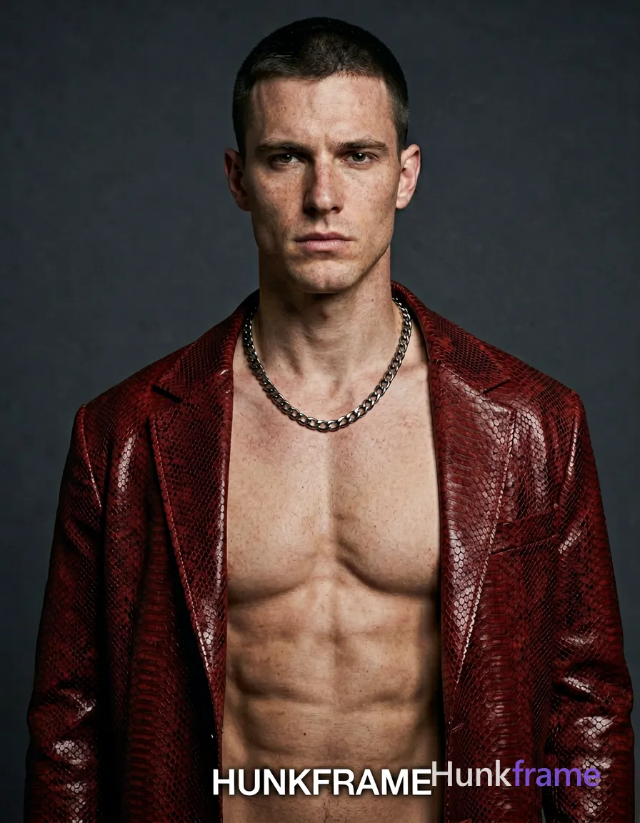 A fair-skinned white man with freckles and short dark cropped hair stands shirtless in a head-and-shoulders portrait facing the camera. He wears an open red-brown snakeskin-patterned jacket revealing his bare chest, neck, and silver metallic chains around his collarbones. The lean build features a defined jawline under dramatic directional lighting from front-left against a plain dark gray studio background. His direct gaze meets the lens with neutral lips in high-fashion editorial photography style rendered as full-bleed vertical phone wallpaper composition with clean negative space. A visible wordmark 'HUNKFRAME' appears centered at the bottom of the frame. Include exactly one visible wordmark, spelled exactly "HUNKFRAME", in the same compositional text position; preserve its appropriate typography and scale. No other visible text, logo, caption, username, hashtag, comment, watermark, or UI chrome., wearing underwear or swim trunks, covered genitals, no frontal nudity, a single uninterrupted photograph only, no written words or typography anywhere in frame, no captions, no app UI, no social-media post layout, no screenshot borders