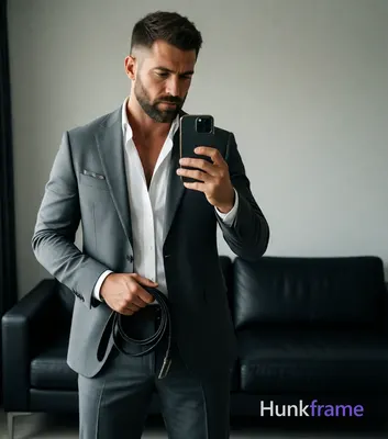 Adult man with short textured dark brown crop and neatly trimmed beard, focused 