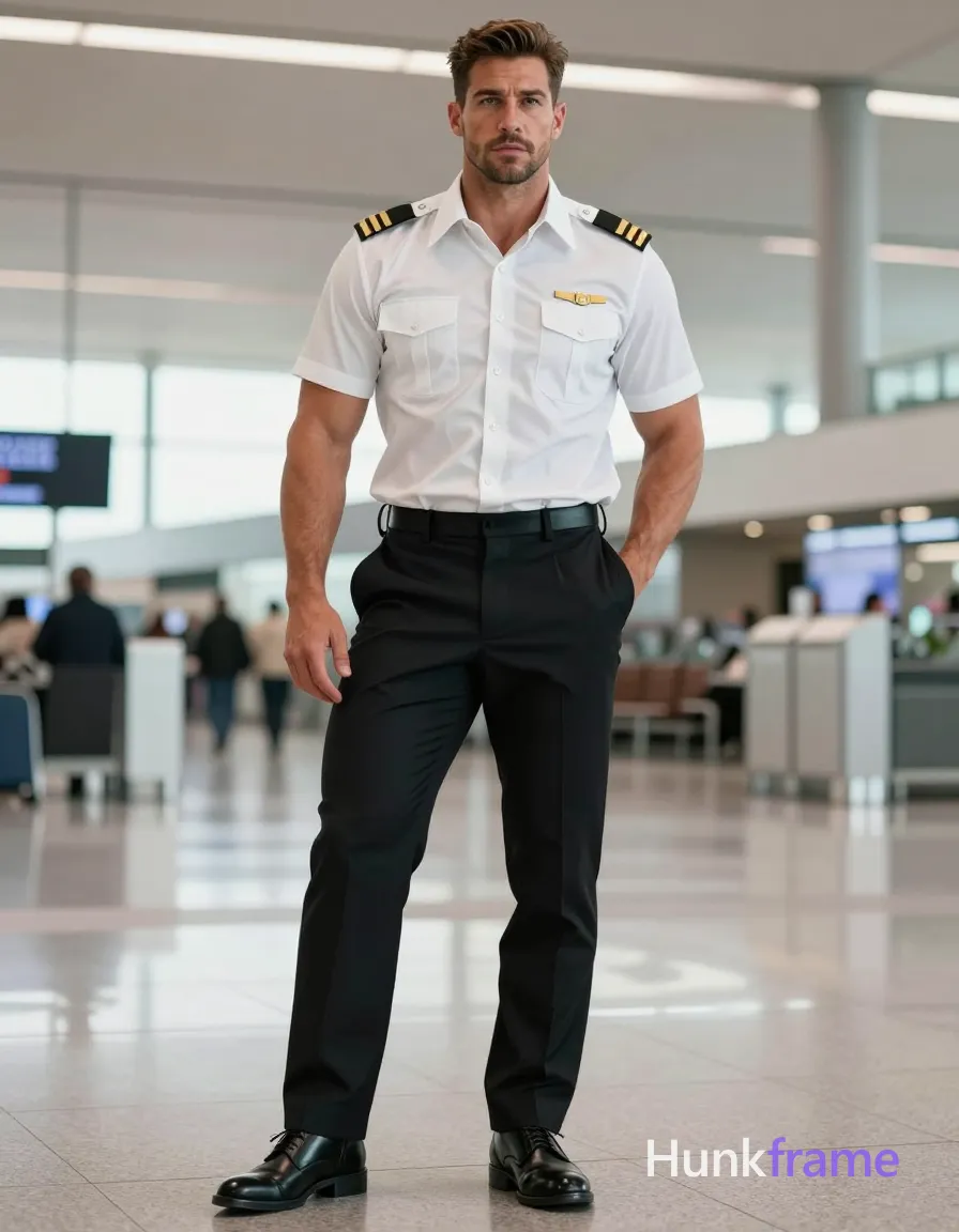 A photorealistic photograph of a handsome masculine man with an authoritative presence. He is standing in a vertical portrait orientation, with one hand on his pocket and torso slightly leaned forward. The man has a compact athletic build, defined abs, and thick muscular thighs. He wears a white pilot uniform shirt tucked into black dress pants, and black dress shoes. His bare chest, abs, and arms are prominently featured, set against the backdrop of an airport terminal with bright indoor lighting and neutral palette. The scene is tack-sharp with artistic partial nudity focused on his upper body