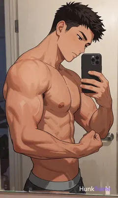 Polished anime style vertical mirror selfie of a highly muscular Hispanic man; S