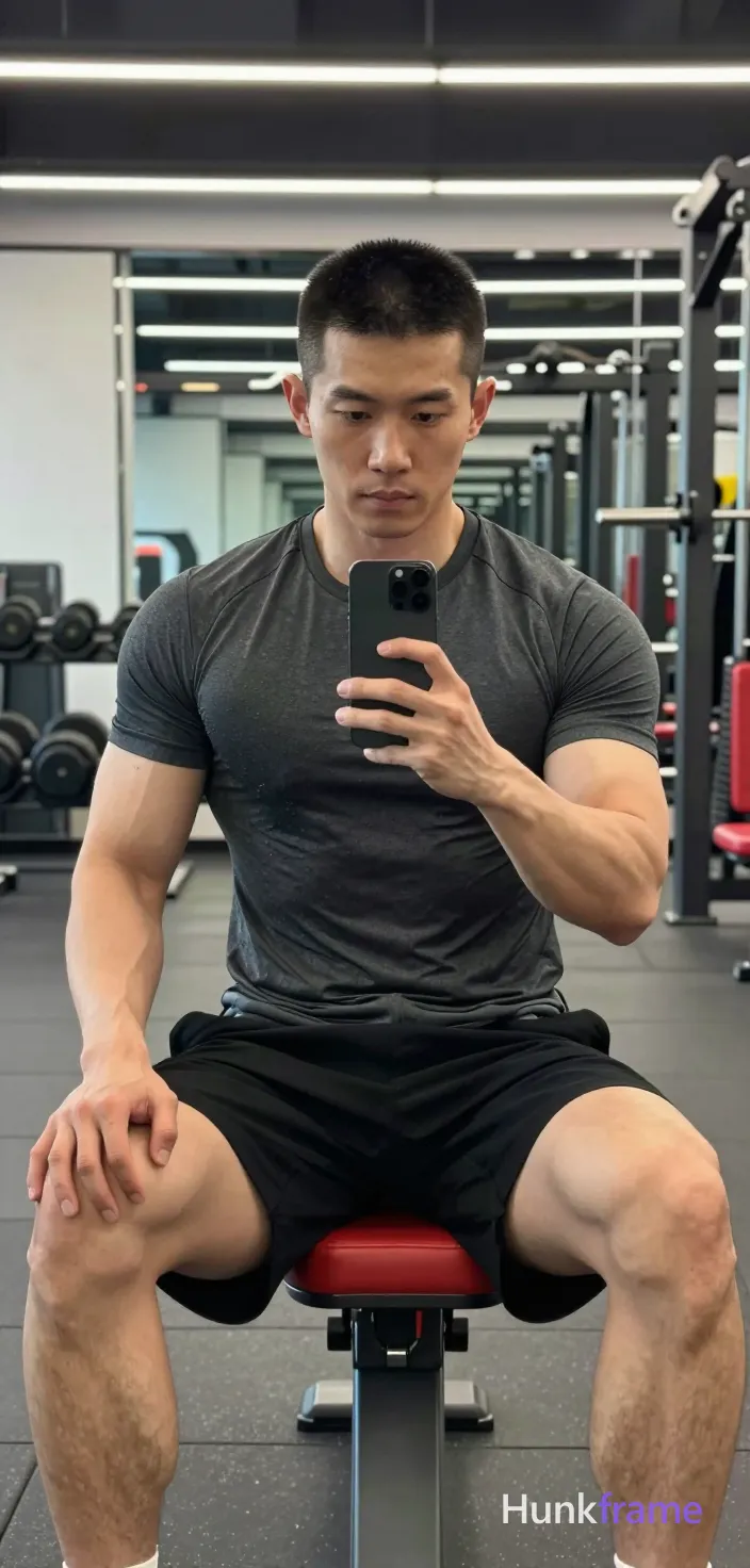 Flat-color graphic poster of exactly 1 adult man. Man 1: Asian, light-medium, square-jawed with defined cheekbones, short black buzz cut, straight texture, high forehead, clean hairline, clean-shaven. Man 1 has fully exposed eyes, eyebrows, temples and nose bridge. Broad shoulders, thick thighs define the seated Asian man's muscular build. He holds a black smartphone for a mirror selfie with legs crossed on a red stool. Dark grey fitted t-shirt covers his torso while black athletic shorts end mid-thigh. Vertical portrait crop centers him against gym equipment, mirrors in high contrast. Gym interior features grey flooring, dumbbell racks, and overhead fluorescent lighting. Even illumination highlights the sculpted physique within a fitness-focused atmosphere
